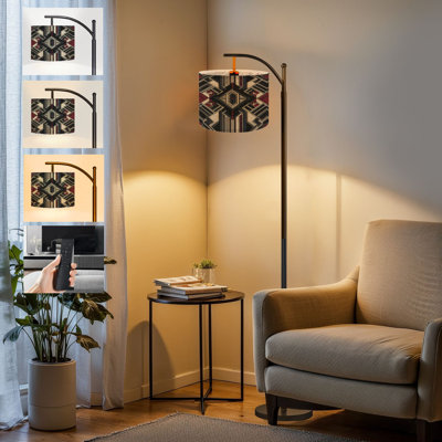  Arc Floor Lamp Ancient Aztec geometric seamless patterns southwest Navajo Native Tall Modern Standing Lamp LED Adjustable Linen Lampshade 3 Color Temperatures