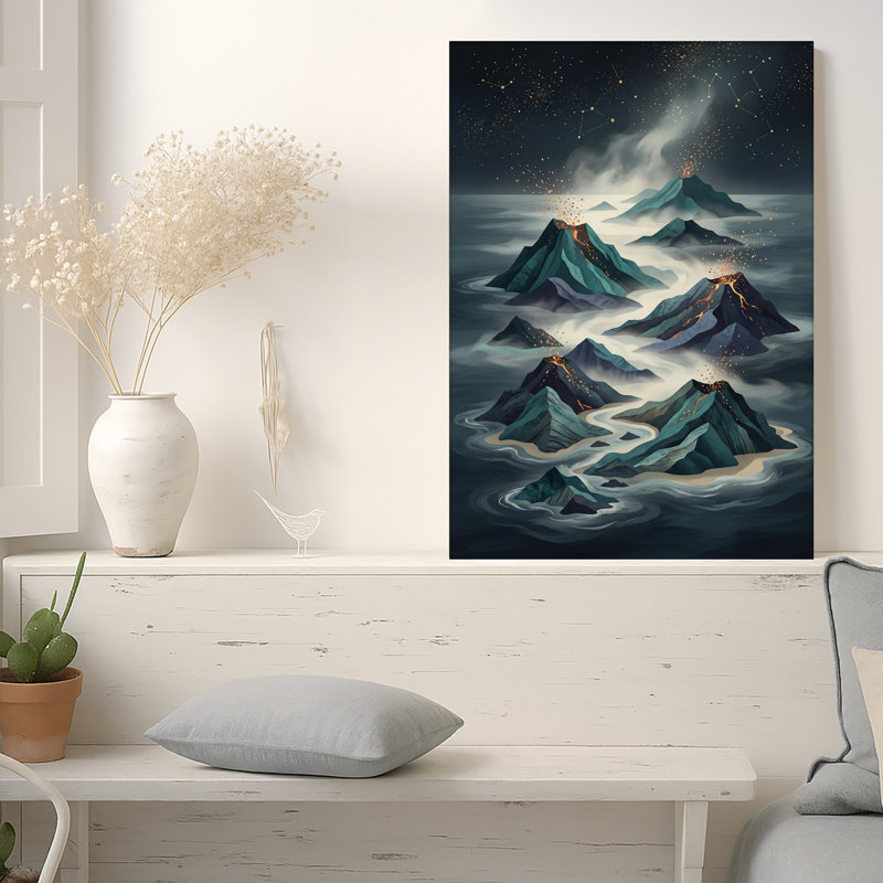Art mural sur toile, montagnes volcaniques bleu sarcelle avec lave brillante sous un ciel étoilé, 48"H x 32"W