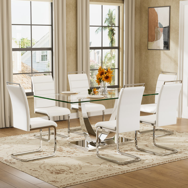 63in Rectangular Glass Dining Table Set with 4/6 PU Chairs, Metal Legs for Dining, Kitchen, 1 table + 6 chaises, Argent blanc