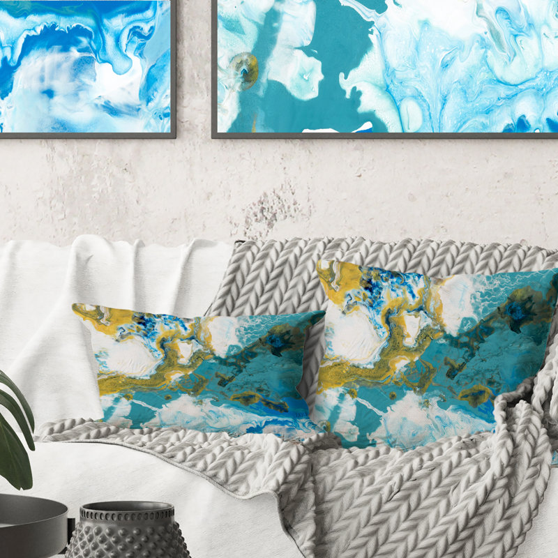 Coussin bleu et blanc liquide Art Waves IIII - Modern Printed, 16 po x 16 po