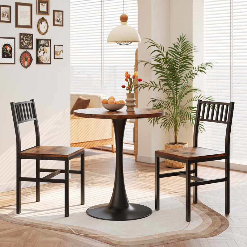 3-Piece Round Dining Table Set, Industrial Style Small Kitchen Table And Chairs For 2, Rustic Brown