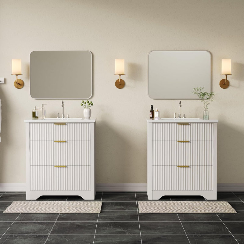 30" Fluted Bathroom Vanity with Sink, Farmhouse Freestanding Vanity Cabinet with 2 Drawers & Flip Drawer, Easy Clean, White