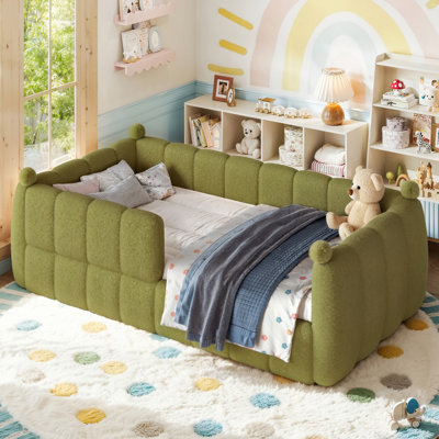 Lit simple au sol, lit tapissier Montessori avec rails de sécurité souples, base de lit à profil bas pour enfants, vert