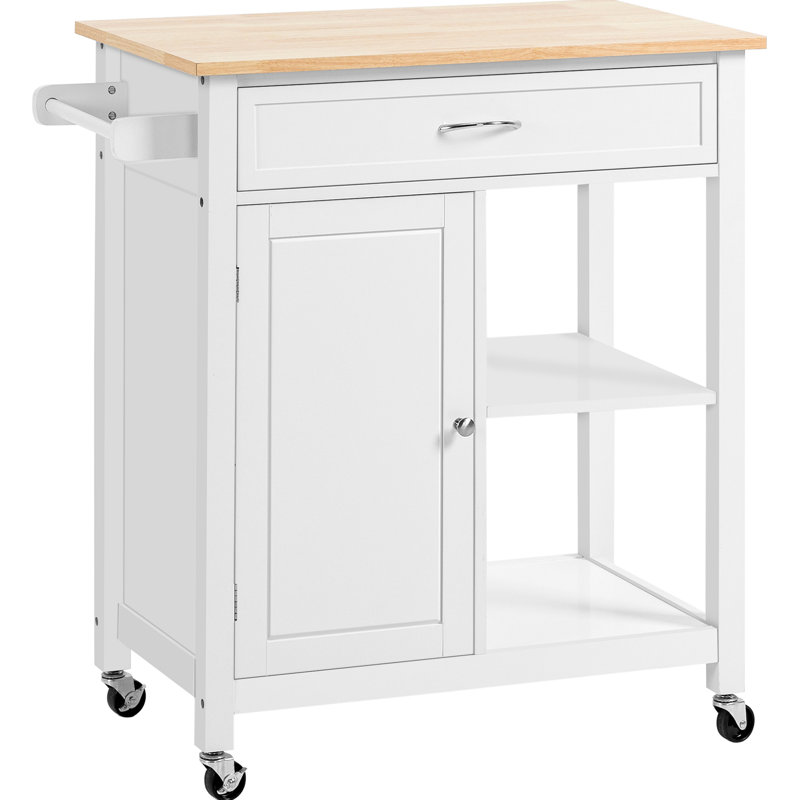 Chariot pour îlot de cuisine, îlot de cuisine avec rangement, plateau en bois massif, tiroir, pour la salle à manger