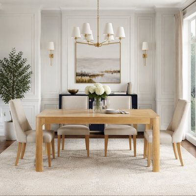 Table de salle à manger rectangulaire avec plateau de style parquet, coins arrondis, pieds courbés et pieds réglables