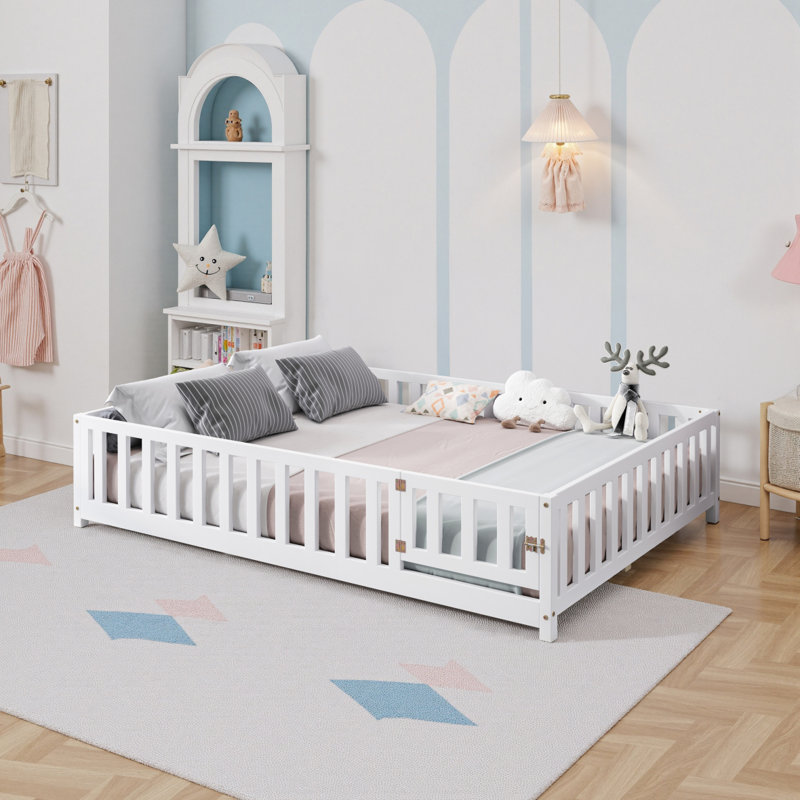 Full Size Floor Platform Bed With Fence And Door For Kids, Montessori Floor Bed Frame With Support Slats For Toddlers, Wooden Floor Bed