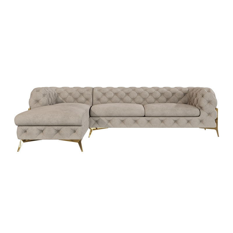 Chesterfield Corner Chaise Sofa  with Gold Metal Legs, Left Hand Facing, Dark Cream