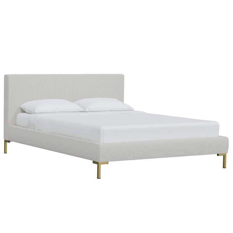 Lit plateforme tapissier Bilkis, Rayures Oxford taupe, Très grand, Rayures grises Shibori