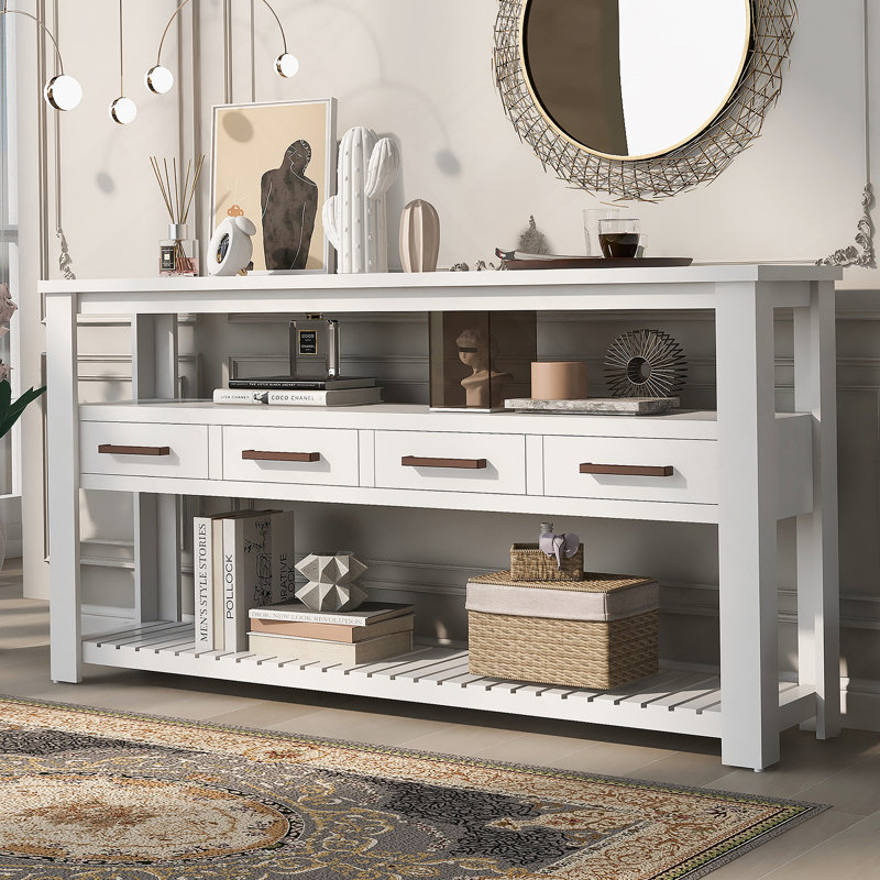 Table console moderne pour salon avec 4 tiroirs et 2 tablettes, Blanc