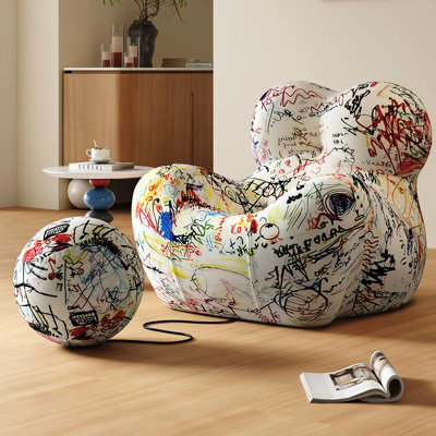 Fauteuil lounge moderne de style graffiti avec repose-pieds sphérique, canapé ergonomique sans accoudoirs, tissu élastique en soie glacée et mousse haute densité (emballé sous vide)