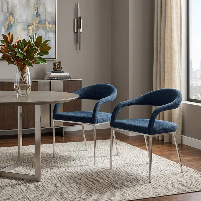 Ensemble de deux fauteuils de salle à manger rembourrés en polyester bleu et argent