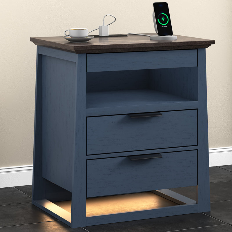Tables de bout 24 tiroirs 24 po avec station de charge et lumières DEL, 1 pièce, Plateau brun foncé / base bleue