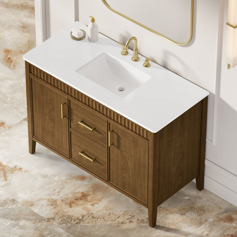 Meuble-lavabo autoportant simple en noyer chaud 48 po Juliette avec plateau en quartz blanc et quincaillerie or brossé Juliette