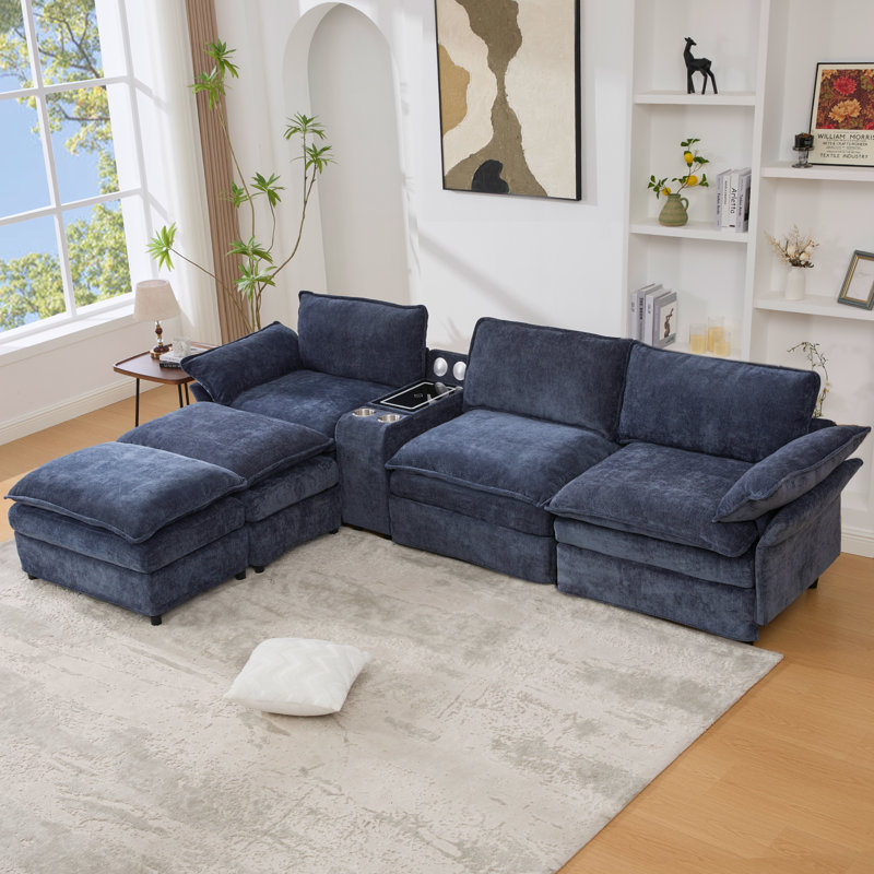 [NOUVEAU!] Canapé modulaire en U rembourré en forme de U, modulaire avec console de rangement et recharge sans fil, 2 porte-gobelets, haut-parleurs Bluetooth