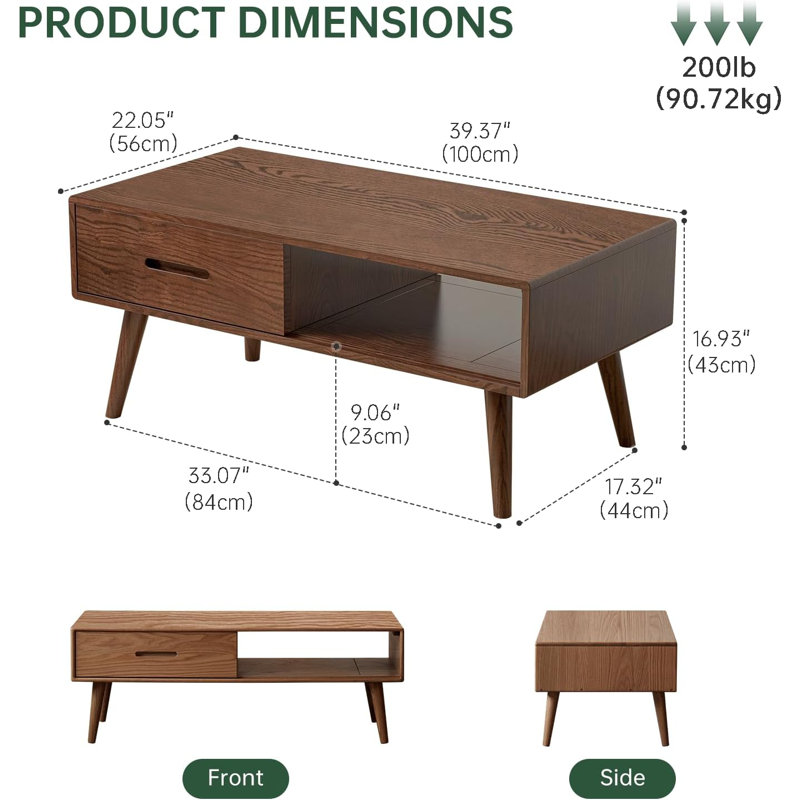 Table basse en chêne massif 47 po avec tiroir, Brun teint chêne, H 16,93 po x L 47,24 po x l 22,05 po