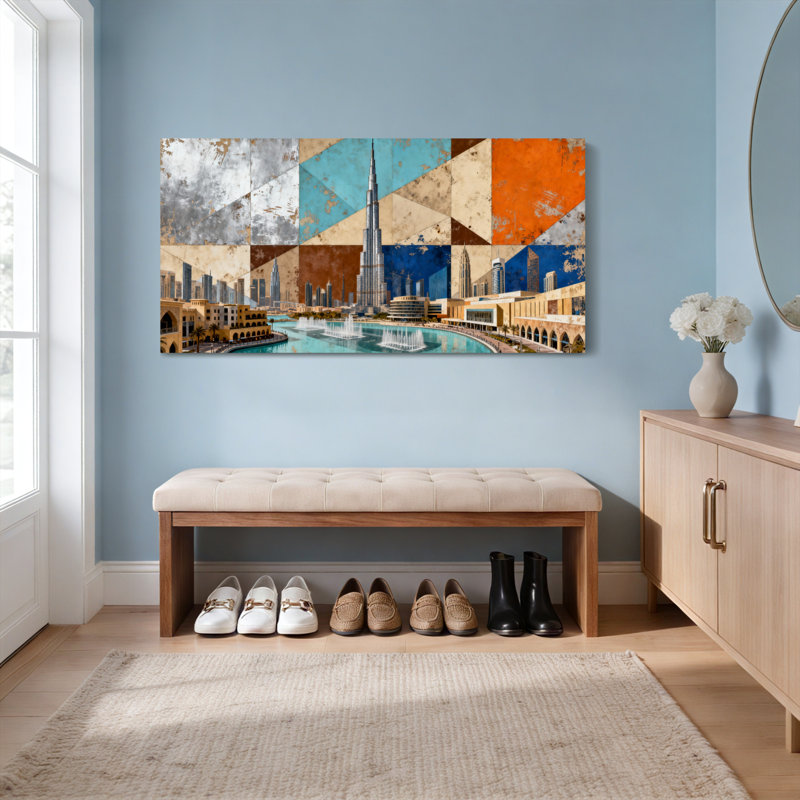 Tableau mural sur toile représentant un paysage urbain de Dubaï avec le Burj Khalifa et un motif géométrique abstrait (lot de 1)