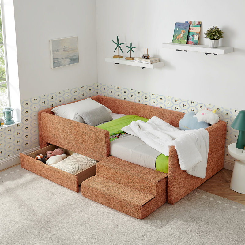 Lit pour enfant multifonctionnel confortable avec garde-corps et rangement, lit simple avec marchepied de sécurité, tissu Boucle