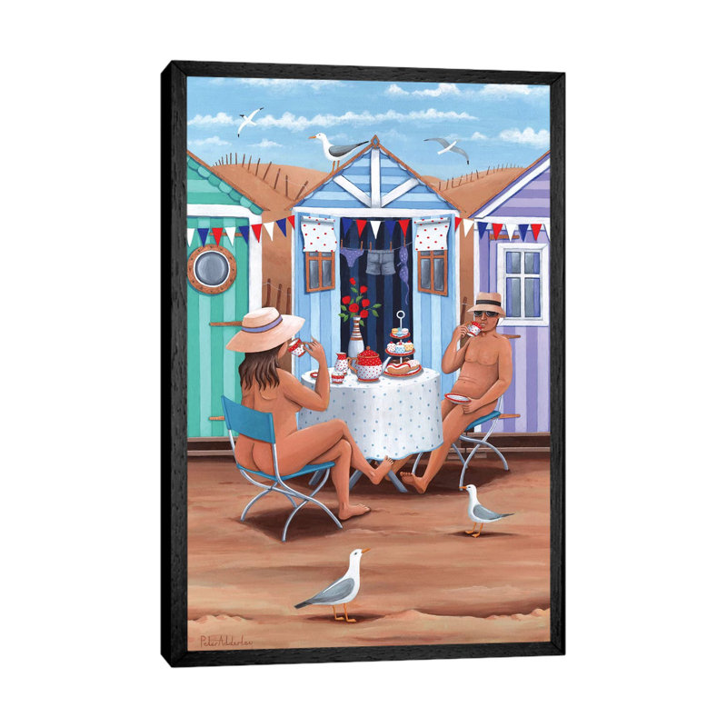 Beach Huts Afternoon Teas by Peter Adderley - Print on Canvas, 66.04 cm H x 45.72 cm W, Black Framed