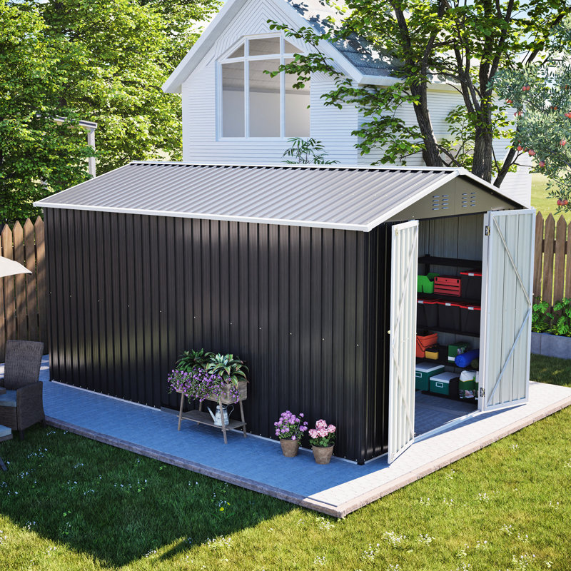 8x12 Ft Lockable Metal Garden Tool Storage, Grey, Aluminum Frame, Ample Room For Bicycles, Double Doors Quick And Easy Access To Storage Large Grey Outdoor Shed With Door, Essentials, Convenient Dual