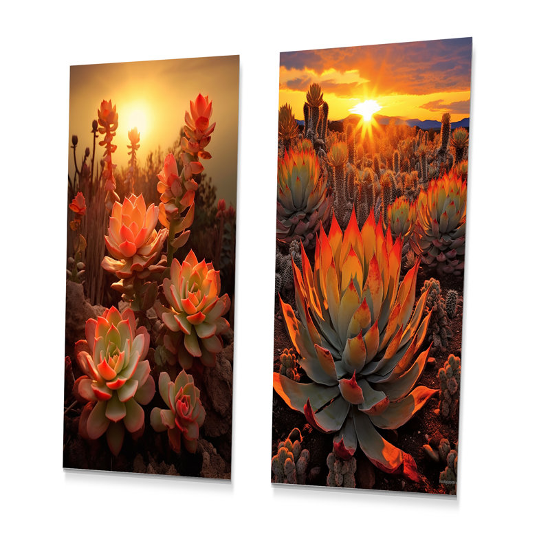 Coucher de soleil vert et rouge sur fond de cactus, H 28 po x l 24 po