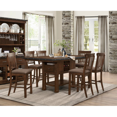 Dark Brown Finish 7Pc Dining Set Storage Base Counter Height Table And 6 Counter Height Chairs Set Extension Leaf Drawers Wine Rack Table Base Wooden -  Red Barrel StudioÂ®, B889F4F0CA7E478EA73A23707B337956