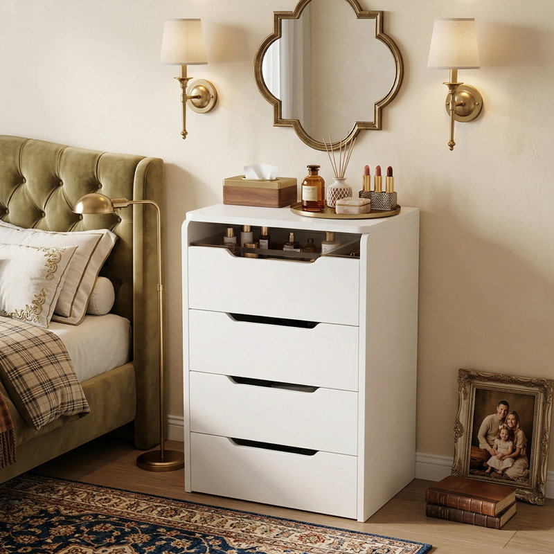 Élégante coiffeuse blanche avec miroir à DEL rabattable, tabouret de maquillage, multifonctionnelle pour table de maquillage