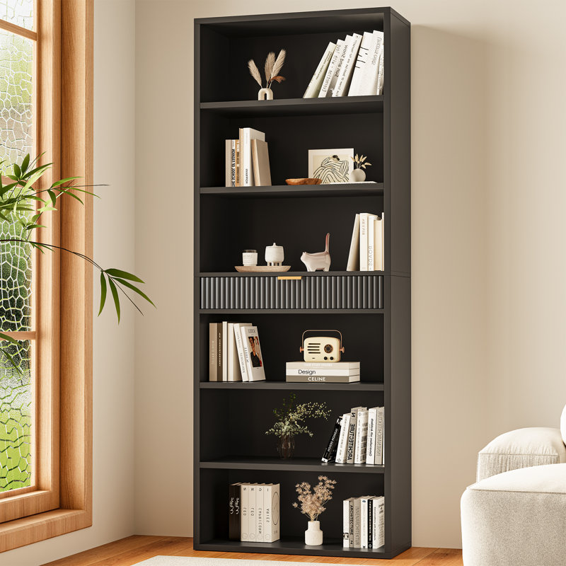 72" Tall Bookshelf with Fluted Drawer, 6-Tier Modern Bookcase and Storage Drawer, Display Shelves with Anti-Tip Kit for Living Room, Bedroom, and Home Office Decor
