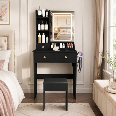 Ensemble coiffeuse de 61 cm avec miroir lumineux et poste de recharge, noir