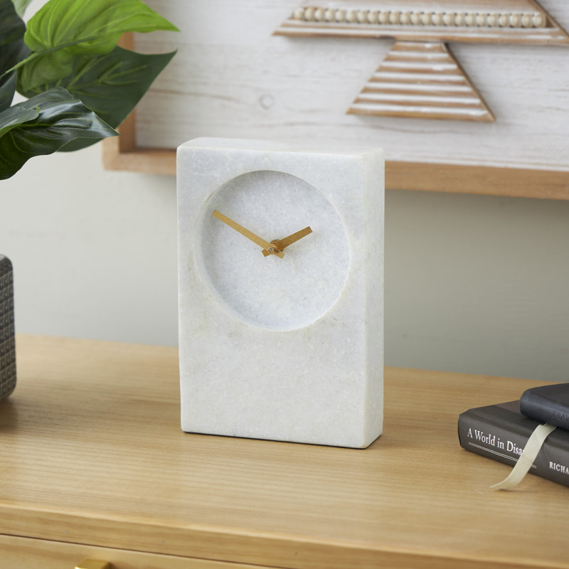 Analog Marble Quartz Tabletop Clock in White, 9.3" H x 6.1" W x 2.35" D
