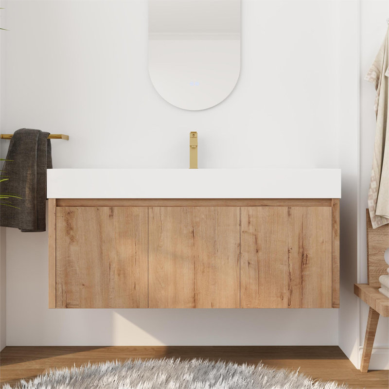 Burlwood 48" Single Wall Mounted Bathroom Vanity Set, Floating Bathroom Vanity with Resin Basin Sink Top, 3 Soft Close Doors
