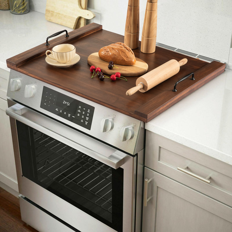 Solid Wood Stove Top Cover with Handle, Brown