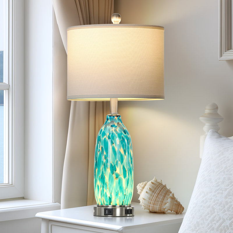 26" Coastal Art Glass Table Lamps with Night Light, USB & Type-C Charging Ports, Touch Control, LED Bulbs Included, Blue