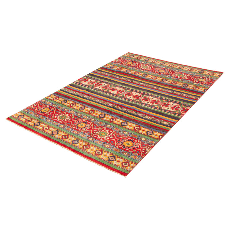 Tapis unique en laine noué à la main 6 pi 7 po x 10 pi 1 po nouvel âge Ofra - orange / rouge / vert