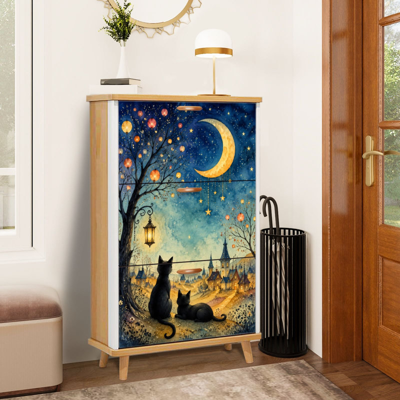Armoire de rangement pour chaussures avec 3 tiroirs rabattables pour chats noirs sous le croissant Moon Night