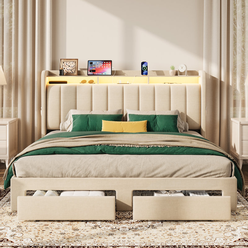 Upholstered Platform Storage Bed Frame With 2 Drawers & 2-Tier Led Storage Headboard, Usb & Type-C Charging Ports, Beige