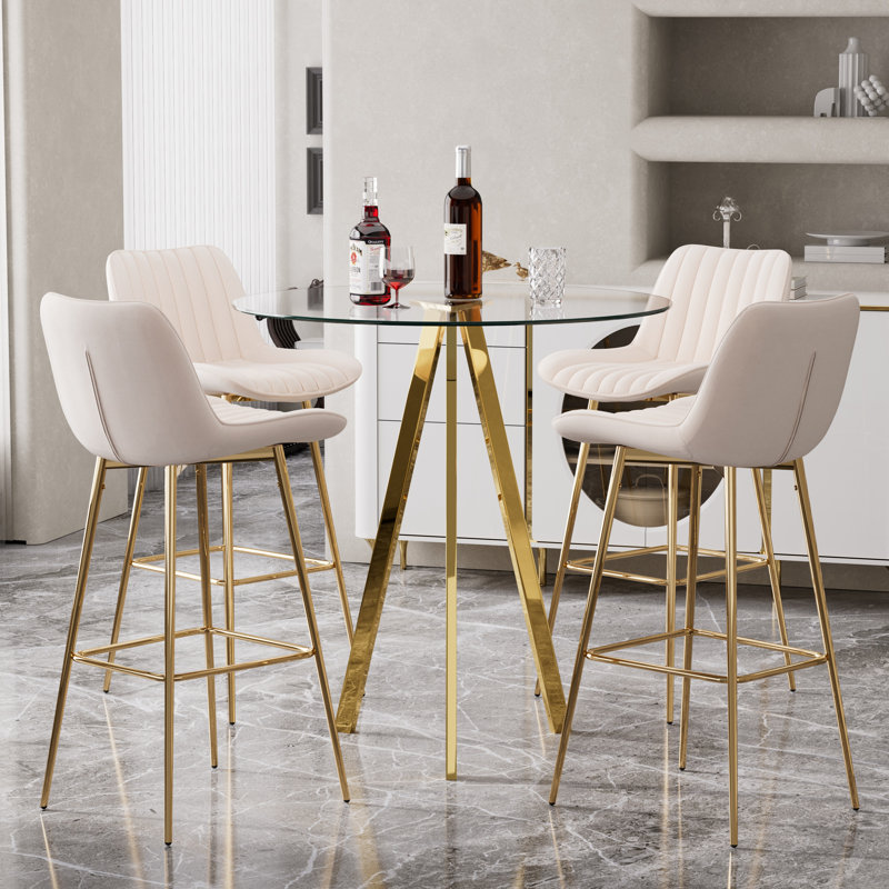 3 Piece Pub Table and Velvet Fabric Pedestal Bar Stool Dining Set (Set of 3), Cream, 5 Pieces: Table, 4 Chairs