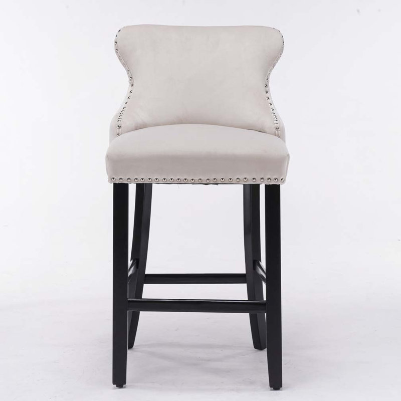 Velvet Upholstered Bar Stool Chair Set of 2, Beige Seat/Black Frame