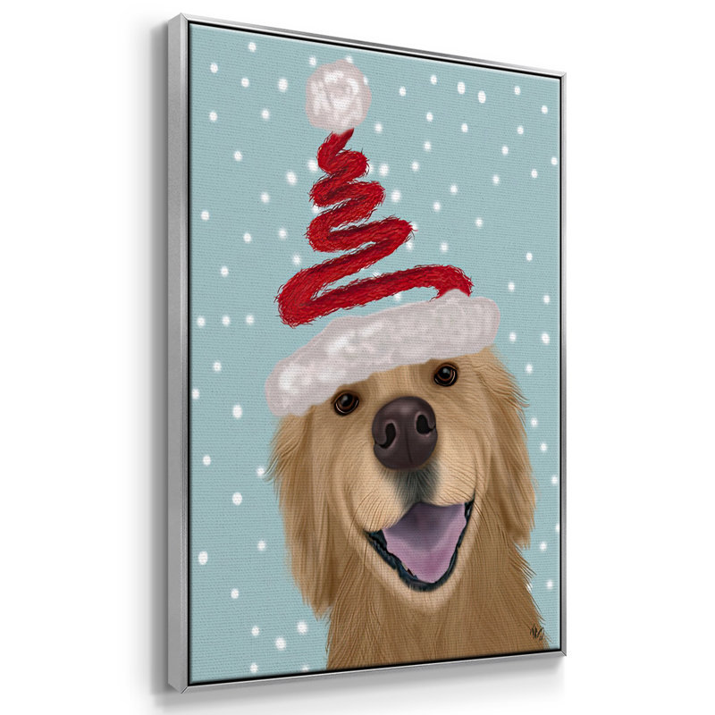 «Christmas Golden Retriever And Spring Santa Hat», reproduction d'art sur toile encadrée, Gris, H 41 po x l 27 po x P 1,5 po