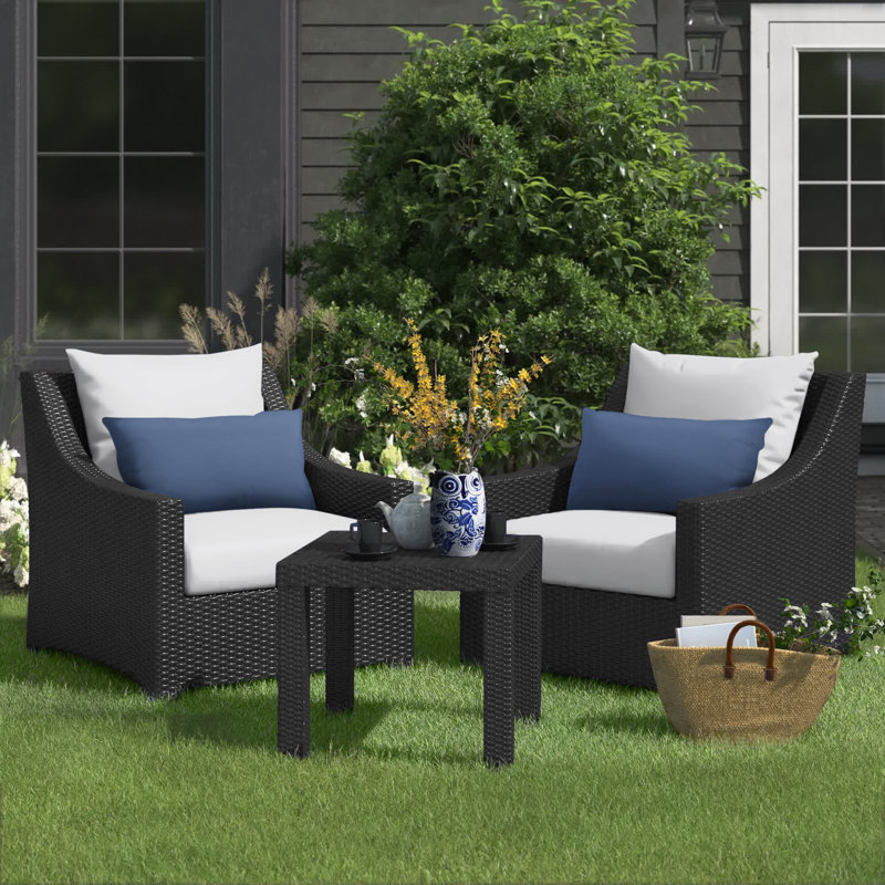 Fionnula 3 Piece Rattan Seating Group With Sunbrella Cushion Covers, White/Blue Sunbrella