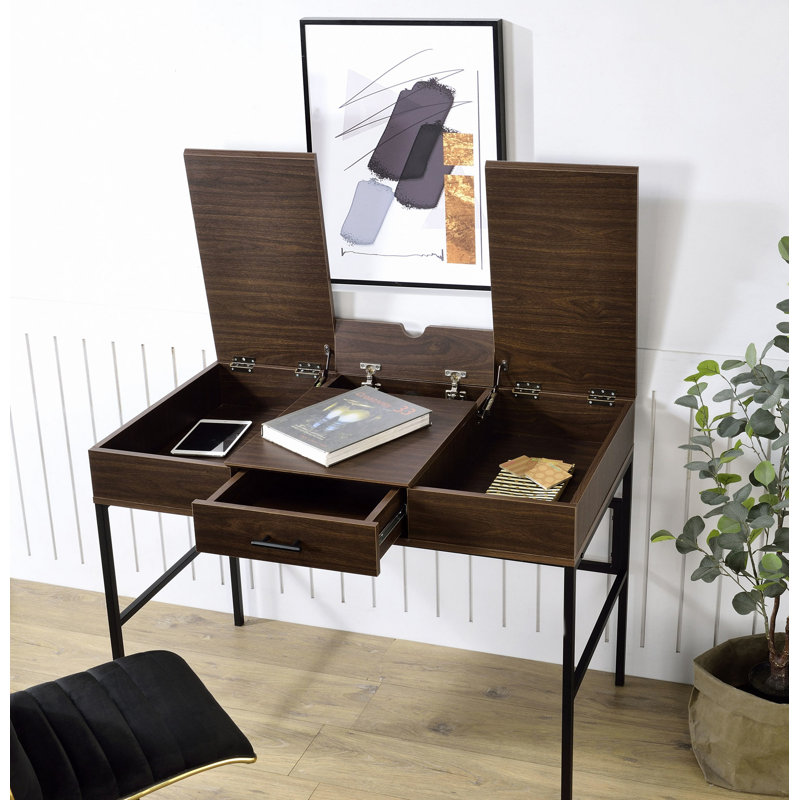 Oak & Black Finish Writing Massey with USB Ports, Perfect for Modern Home Office and Tech Integration., Oak