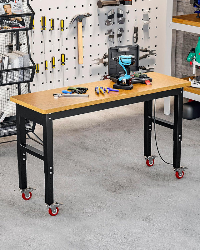60" Heavy Duty Workbench, 2200LB Capacity Adjustable Height Work Table with Power Outlets