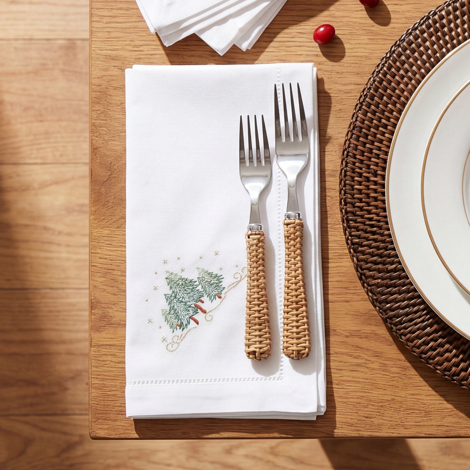 Embroidered Holiday Tree Cotton Napkin