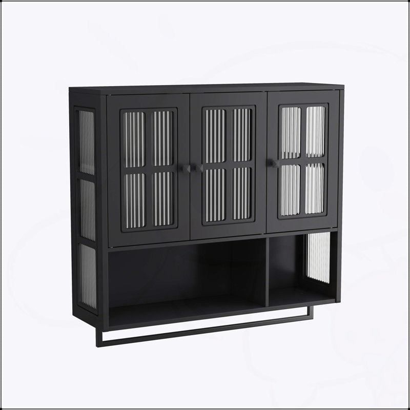 Armoire murale 3 portes en bois avec rangement ouvert et caché, porte en verre, barre à serviettes, noir, Noir
