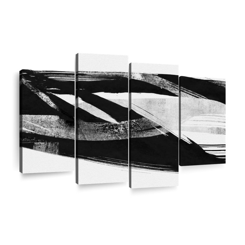 «Strokes And Lines Black Ink Streaks I», reproduction sur toile 4 pièces par Daniel P, H 27 po x l 43 po x P 1,25 po