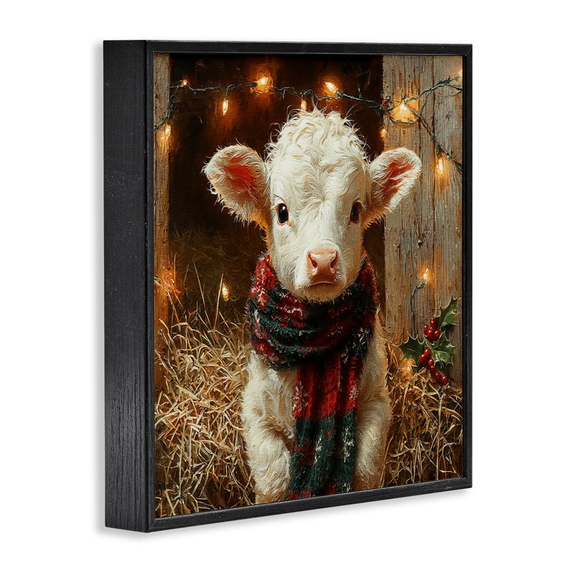 Veau blanc avec lumières des Fêtes, estampe numérique, conception de Riley B, H 24 po x l 24 po, Giclée encadrée noir minuit