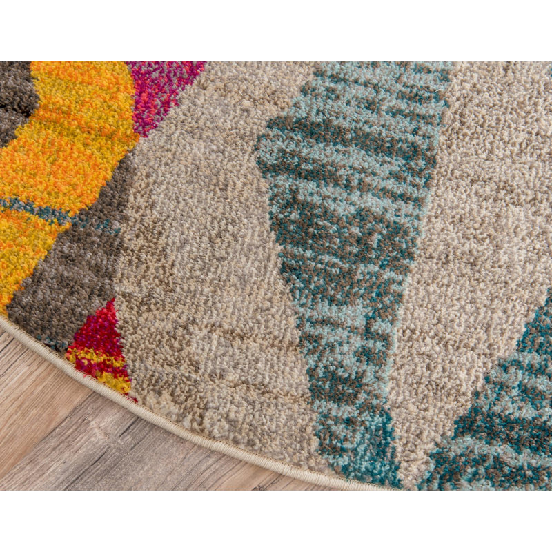Tapis bleu clair / rose / brun clair / jaune en laine touffeté à la main Lonniet Deedgra, Rond 3 pi 3 po