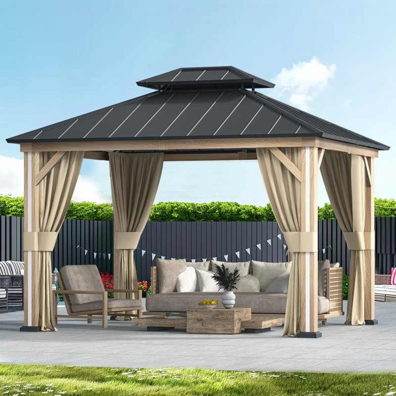 Pavillon de jardin en aluminium galvanisé à toit rigide 10 pi x 12 pi Stratford, toit vertical à 2 niveaux, rideaux, moustiquaire, éclairage DEL et prise de charge USB