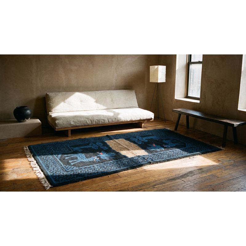Allover Blue Chinese Wool Antique Hand Knotted Pile 1930s Rug