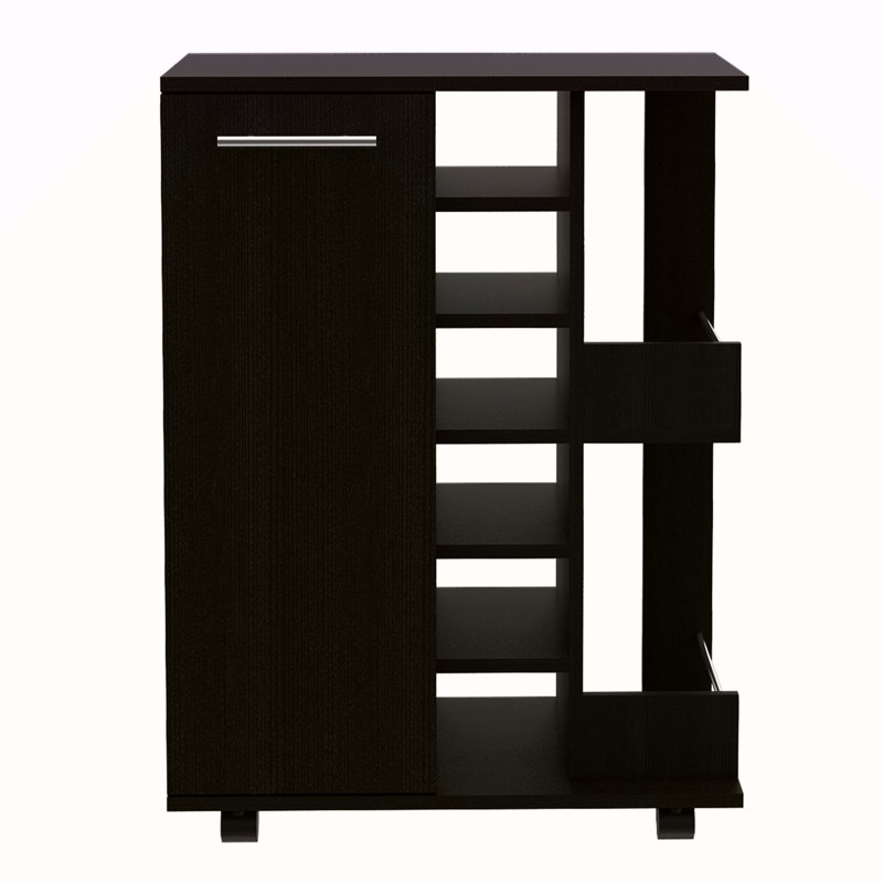 Bar Cart, Two External Shelves, Four Casters, Six Built-In Wine Rack, Single Door Cabinet, Black