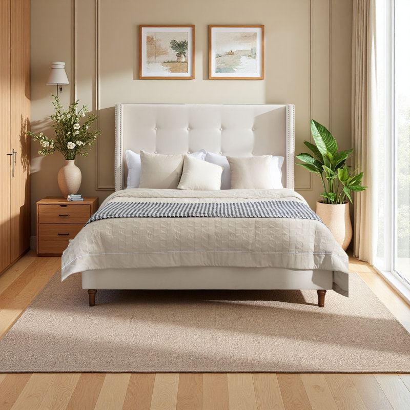 Upholstered Bed, Ivory, Queen